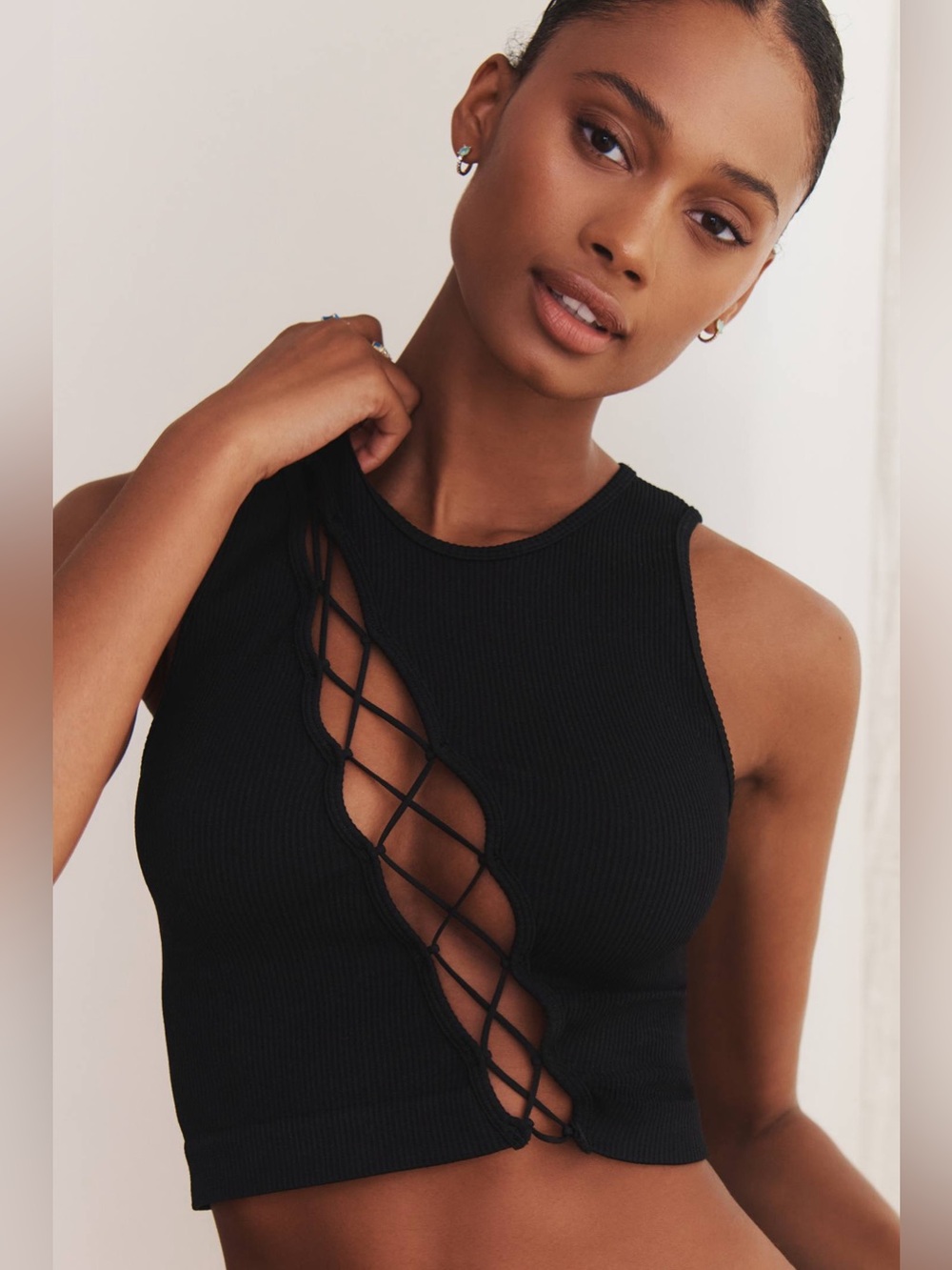 Anthropologie Black Ribbed Lace-Up Tank Top